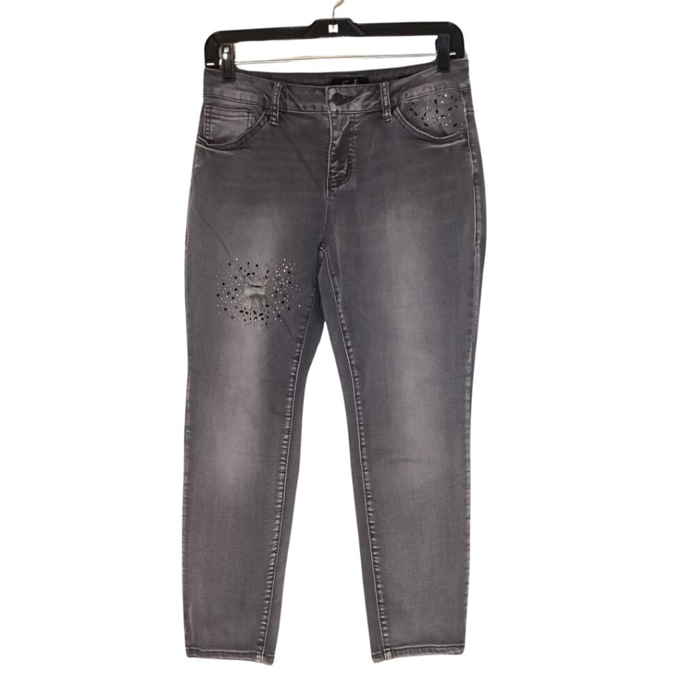 Earl Skinny Ankle Jeans Women’s 10 P Petite Gray Cropped Distressed Embellished
